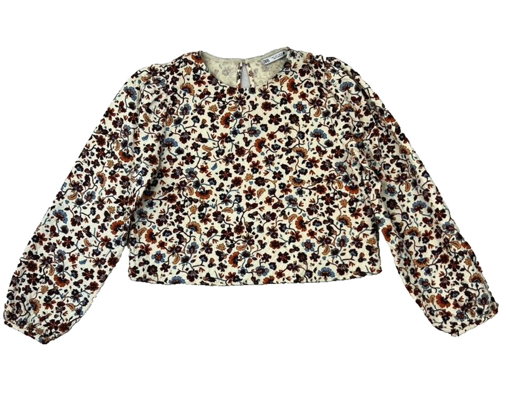 Zara Top Womens Cropped Quilted Floral Large Crew Neck Long Sleeve Peasant